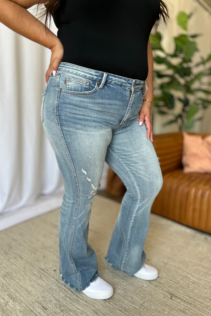 Judy Blue Full Size Medium Rise Tummy Control Destroy Flare Jeans - Love Salve